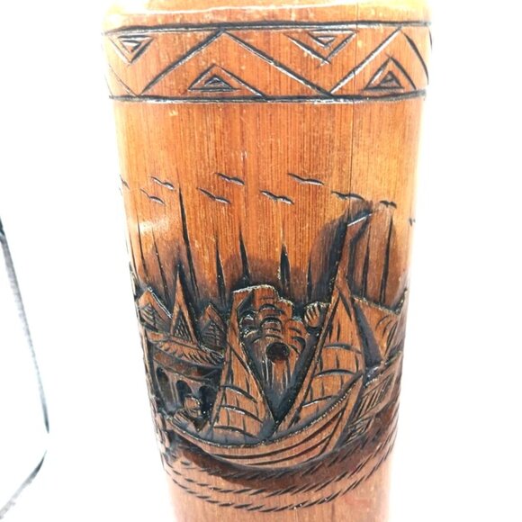Bamboo Brush Pots Habor Scene 8 " Japanese Carved Vintage - Picture 4 of 6